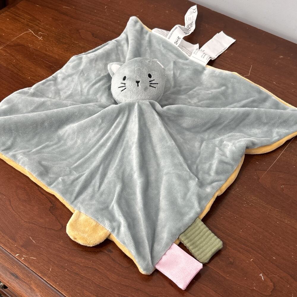 IKEA GULDVÄVARE Cat Baby Lovey Snuggle Blanket Soft Toy Blue Yellow 11”x11”